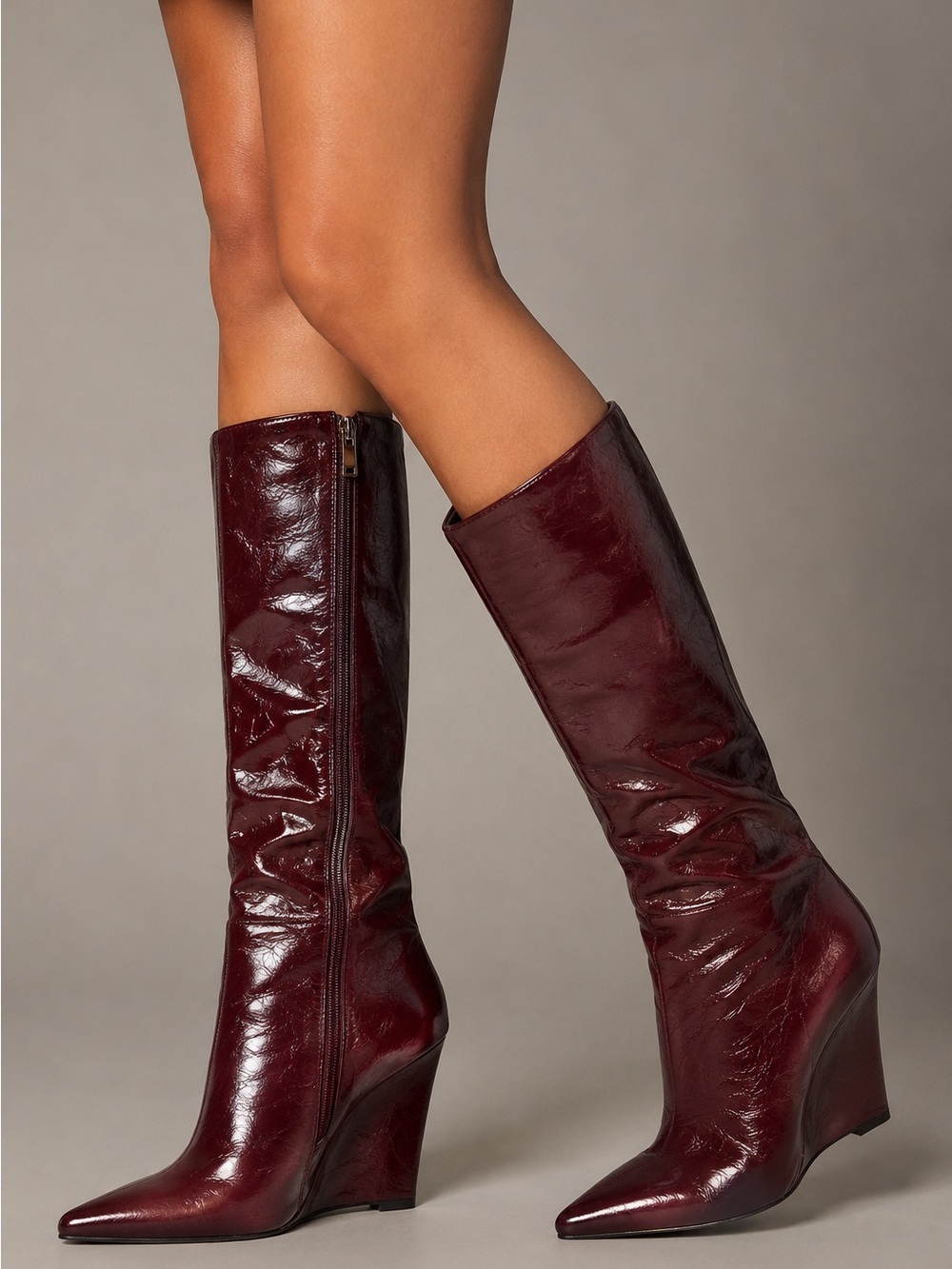 Womens Burgundy Patent Leather Wedge Boots